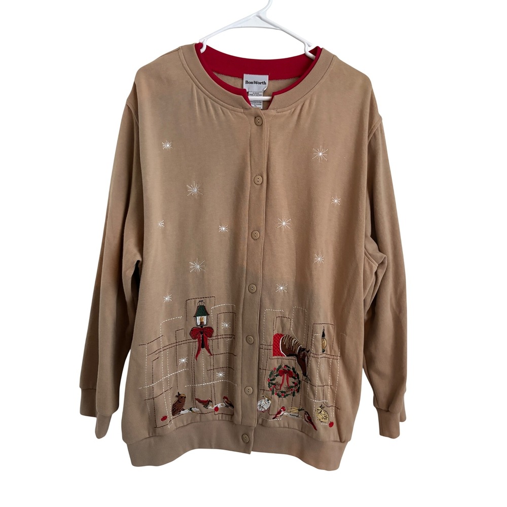 Vintage Christmas BonWorth Horse Embroidery Button Front Cardigan Sweatshirt XL